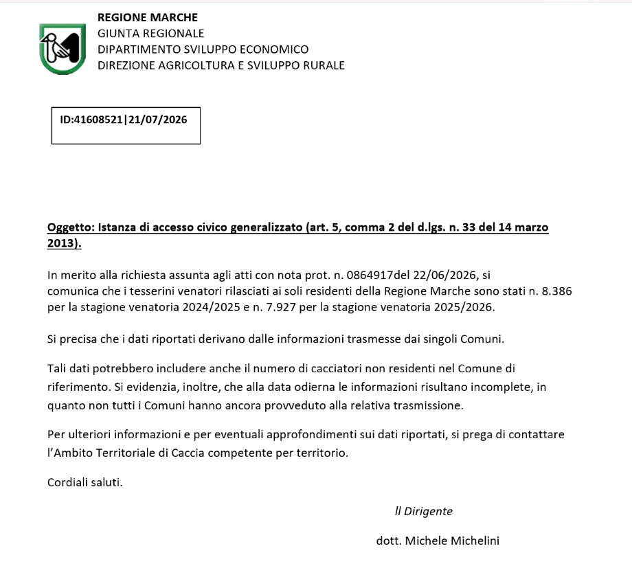 LE MARCHE BATTUTE DA 5.304 CACCIATORI SENZA PORTO D'ARMI? L'ASSESSORE BUGARO SMENTITO DALLA STESSA REGIONE MARCHE