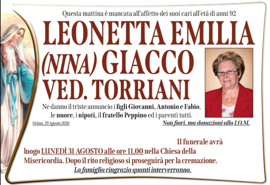 Leonetta Emilia (Nina) GIACCO, vedova TORRIANI